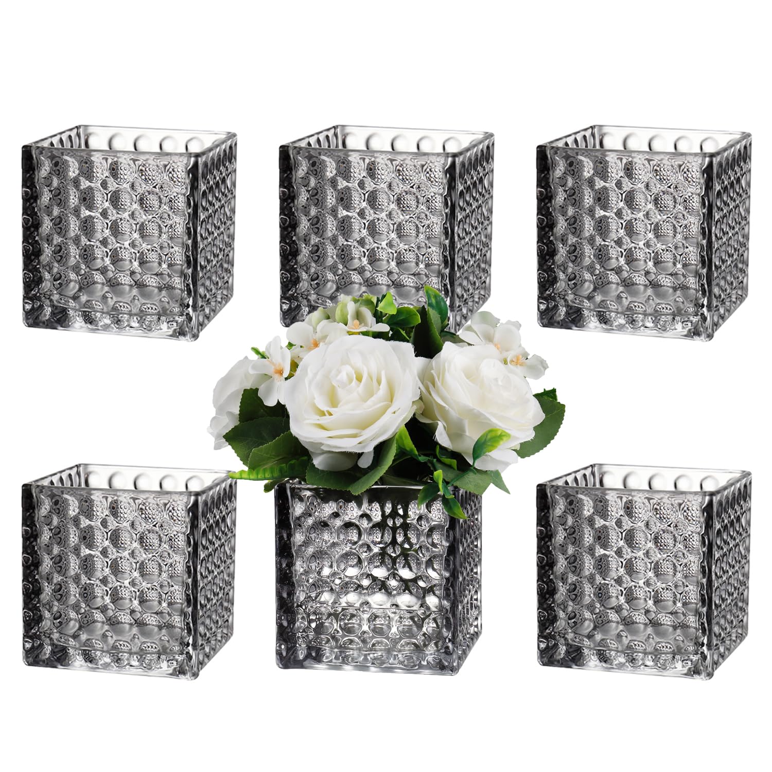 Photo 1 of MARTAGE Square Vases Set of 6, 5" x 5" x 5" Square Glass Vases for Flowers, Black Flower Vase for Centerpieces, Small Bubble Vase for Wedding, Party, Home, Office, Parties, Events