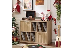 LEYAOYAO Large Record Player Stand with Vinyl Storage Up to 450 Albums, Wood Fluted Boho Record Storage Accent Cabinet, Modern Stereo Media Cabinets, Wide Turntable Stand for Living Room, Natural Oak