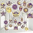 Zonon 30 Pieces Ramadan Mubarak Decorations, Eid Mubarak Hanging Swirl Shining Gold Star Moon Lantern Ceiling Foil Decor for Eid Al-fitr Party Egyptian Holiday Supplies(Purple and Gold)