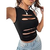 LovelyWholesale Women Sexy Cut Out Crop Tank Tops Crew Neck Summer Sleeveless Top