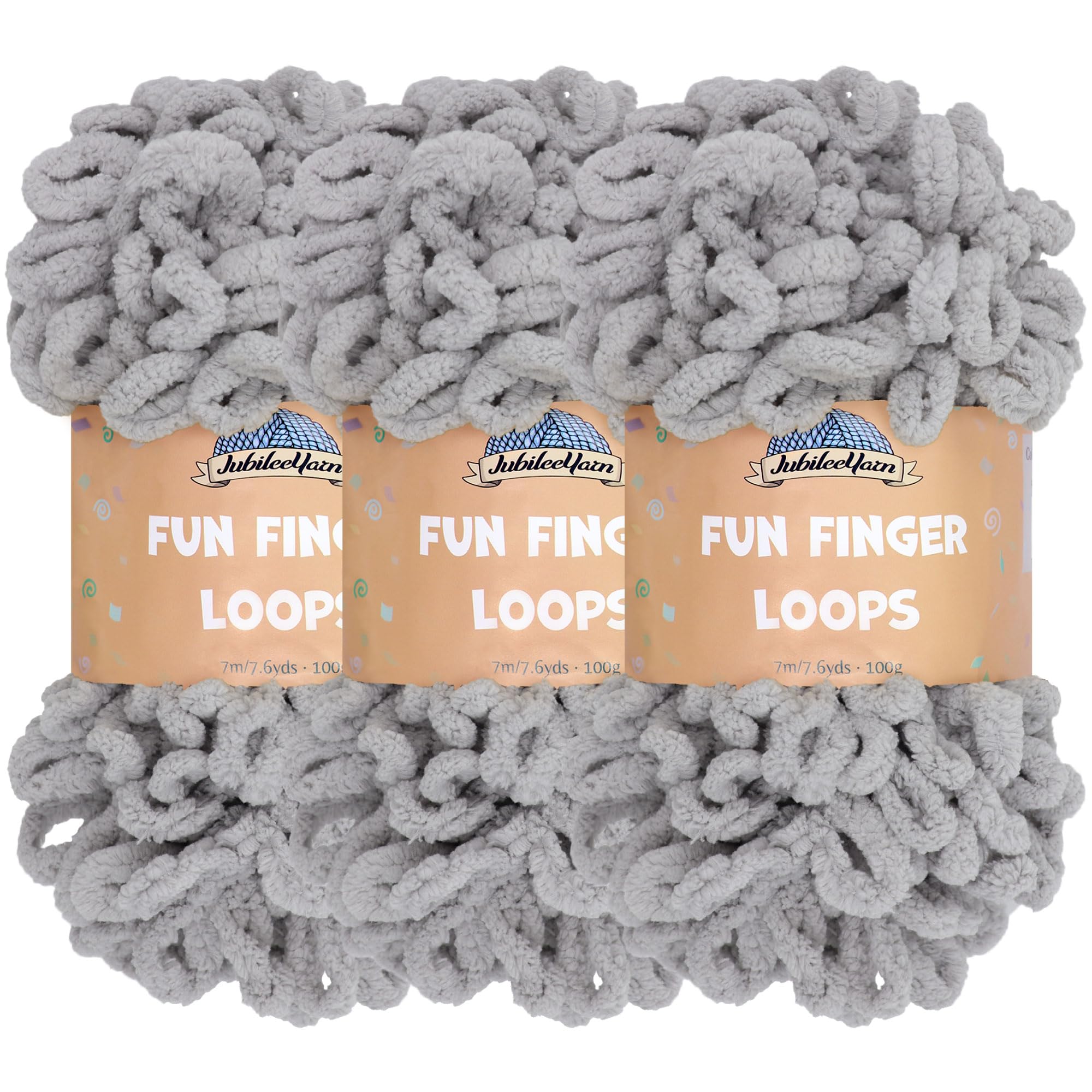 JubileeYarn Fun Finger Loops Yarn - Polyester Jumbo Weight Loop Yarn - 100g/Skein - Light Grey - 3 Skeins