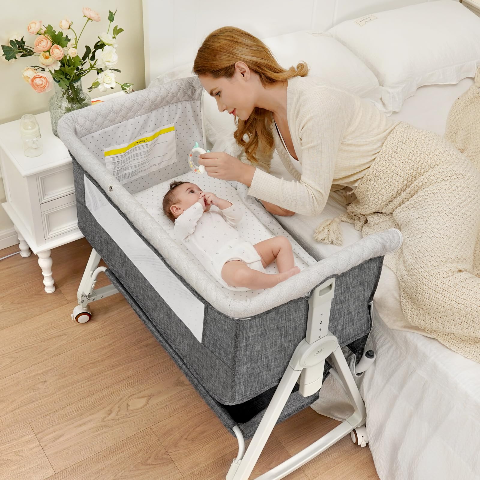 Photo 1 of YADAQE Baby Baby Bassinet,3 in 1 Bassinet?Adjustable Height Bassinet Bedside Sleeper Bedside Sleeper with Storage Basket and Wheels?Safety CPC Certified