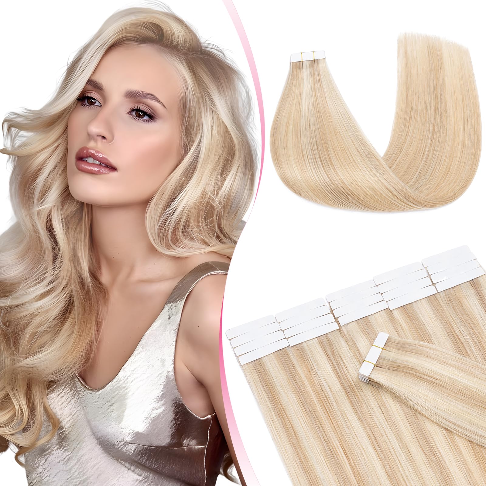 MY-LADY 20pcs Invisible Seamless Tape in Hair Extensions Human Hair Highlighted - Remy Straight Real Hair #18/613 Ash Blonde Mix Bleach Blonde - 12 Inch 30g