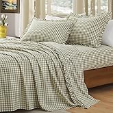 KKJIAF 4 Pieces Plaid Ruffle Full Size Bed Sheets, Cotton Gingham Full Size Sheet Set Linen Feel Comfy Breathable Ruffed Bed Sheet Set with 16 Inch Deep Pocket, Sage Green