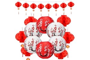 Fumete 20 Pcs 12" Chinese Japanese Paper Lanterns and 8" Red Chinese New Year Lanterns Japanese Hibachi Party Decor Cherry Blossom Hanging Decorations for Spring Festival Home Restaurant(Red, White)