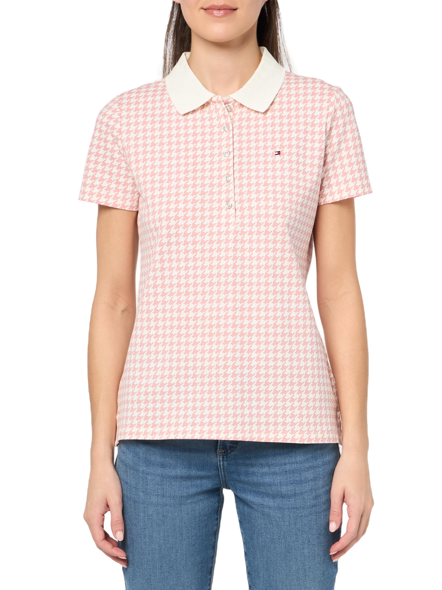 Tommy Hilfiger Women’s Sportswear Short Sleeve Printed Polo, Bridal Rose Multi, M