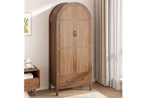 Lxsxlome Wardrobe Closet, Armoire Wardrobe Closet with Drawers and 2 Arched Fluted Doors, 70.87‘’ Tall Wooden Bedroom Armoires with Shelves and Hanging Rod (1, Walnut)