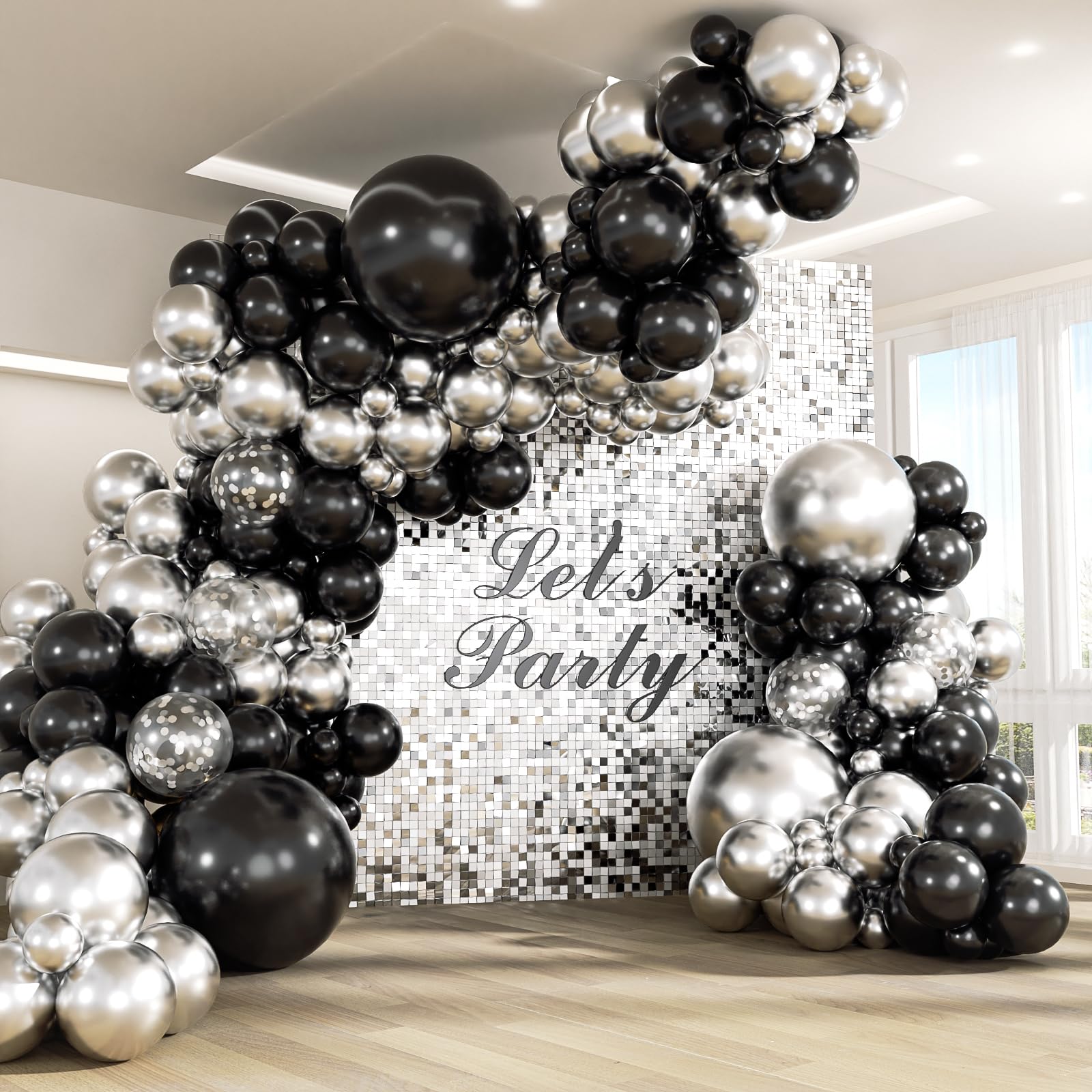 Photo 1 of 147pcs Black and Silver Balloons Garland Arch Kit, 18 12 10 5 inch Metallic Sliver and Black Balloons for Birthday Graduation Baby Shower Disco New Years Party Decorations