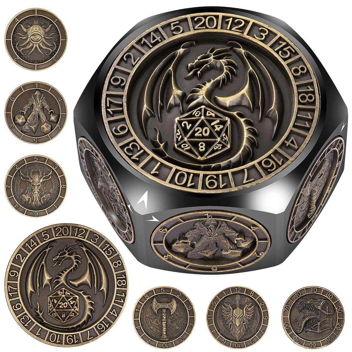 DND Fingertip Spinner Dice, 8 Sides 7-in-1 Metal Dice Set with 3D Pattern, Polyhedral Rotating Game Dice, for DND Gifts with Dragon Logo Gift Box, Role Playing Board Game Accessories, Black