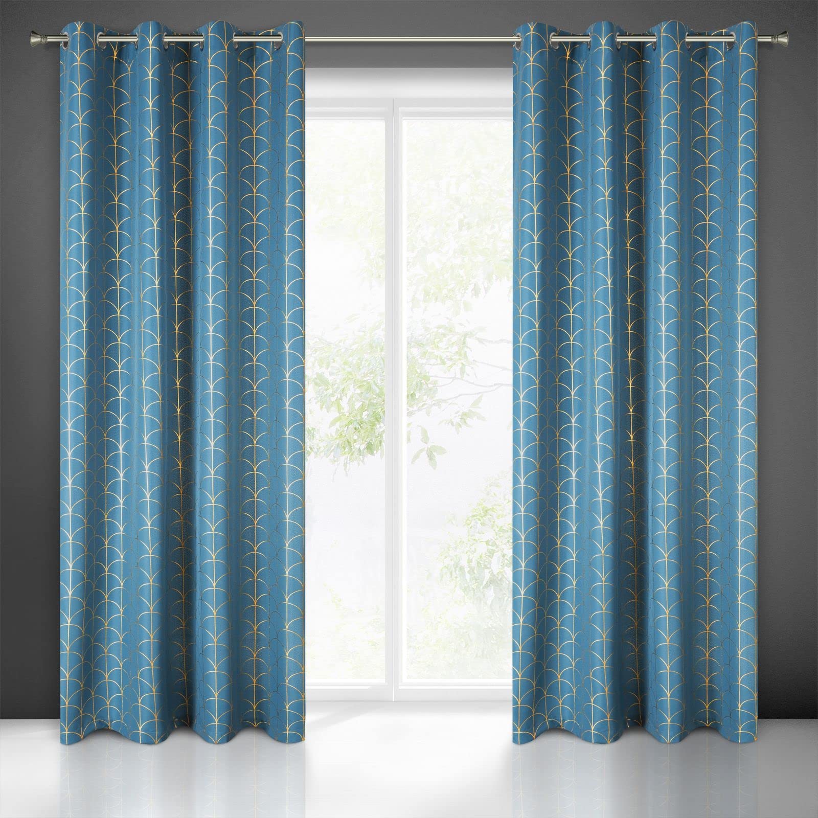 Eurofirany Cande Curtain Geometric Pattern Trend Eyelets Elegant Glamour Bedroom Living Room Blue 140 x 250 cm