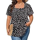 Amrto Plus Size Tops for Women Chiffon Blouses Square Neck Short Sleeve Fall Summer Business Casual Trendy(XL-5XL)