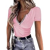 OwnTime Womens Summer Tops Short Sleeve Shirts Sexy V Neck Slim Fit Zip Up Tops Ribbed Knit Henley Shirts Blouses