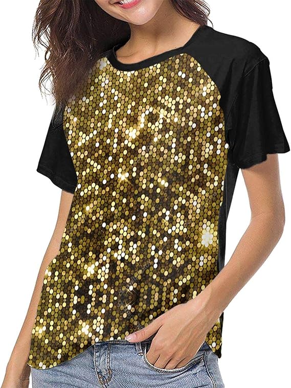 Amazon.com: Gold Glitter Sequins Women's Raglan Short Sleeve Shirts Casual Blouses Baseball 