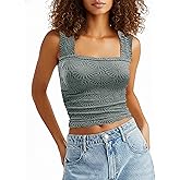 AIHUKOCY Women Square Neck Wide Strap Floral Crop Tank Top Sleeveless Lettuce Trim Solid Slim Cropped Cami Vest Tops