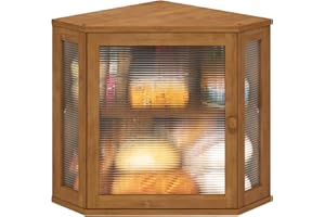Corner Bread Box for Kitchen Counter, Bamboo Wood Bread Box, Large Capacity Bread Storage Bin with Acrylic Wavy Door Panel
