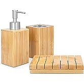 Navaris Bamboo Bathroom Accessories Set - 3-Piece Bath Set with Toothbrush Holder, Liquid Soap Dispenser, Soap Dish - Bath Accessory Trio 3 Pieces