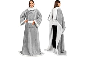 PAVILIA Sherpa Fleece Blanket with Sleeves Women Men Adult, Wearable Blanket Warm Soft Plush Thick, Hug Sleep Pod Snuggle Pocket Sleeved TV Throw Wrap, Cozy Christmas Gifts Ideas Mom Wife, Light Gray