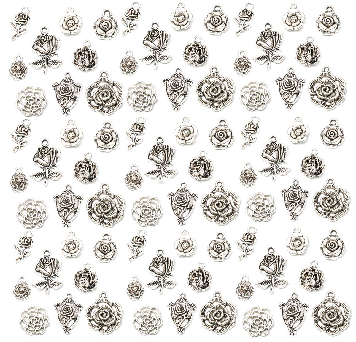 Zhiheng 90 Pack 3D Rose Pendant Flower Charms Antique Silver Bracelet Necklace Jewelry Making Beads for Birthday Christmas Valentine's Gift