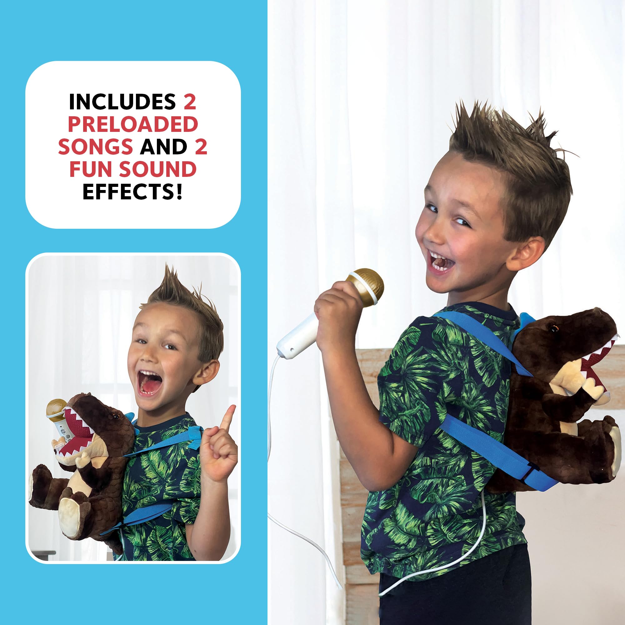 Singing Machine Portable Karaoke Machine for Kids, Plush Toy Backpack with Microphone - The Sing Along Crew, Lil Rex (Brown & Beige) - Built-In Karaoke Speaker with Songs, Sound Effects, & Recorder