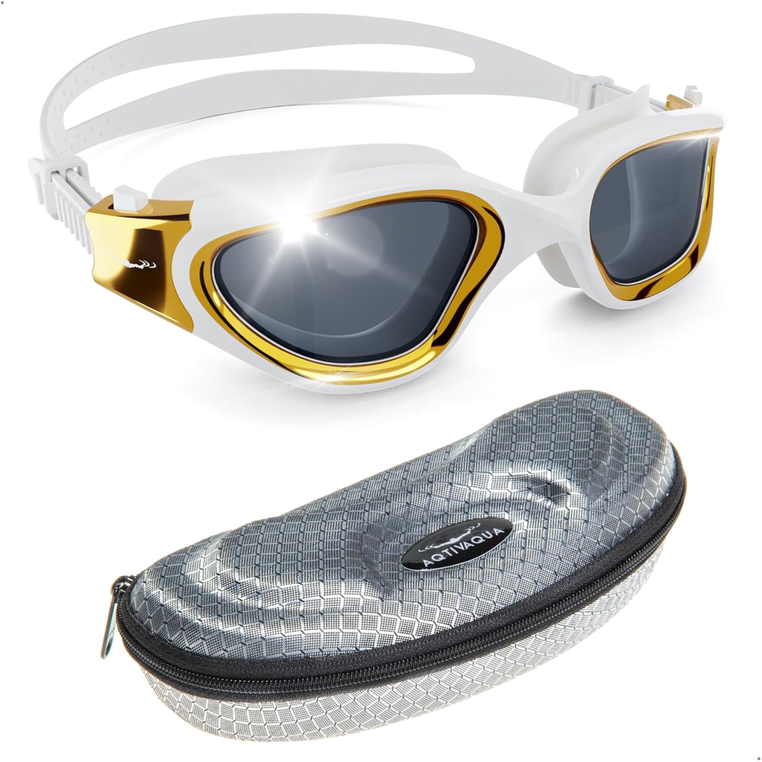 AqtivAqua Swimming Goggles Adult and Kids Goggles Kids 6-14 Men Women Swim Children Boys Girls DX-S (Metallic Gold, Silver case, Shade lens)