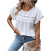 SweatyRocks Women's Crewneck Short Sleeve Blouses Casual Lace Crochet Loose Fit Blouse Shirts Going Out