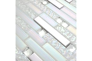 Hominter Glass Metal Tile Linear Mosaic Iridescent White Crystal Glass Chrome Metallic Interlocking Tile Stain Resistant for Kitchen Backsplash Bathroom & Shower Wall Tiles (5 Square Feet)