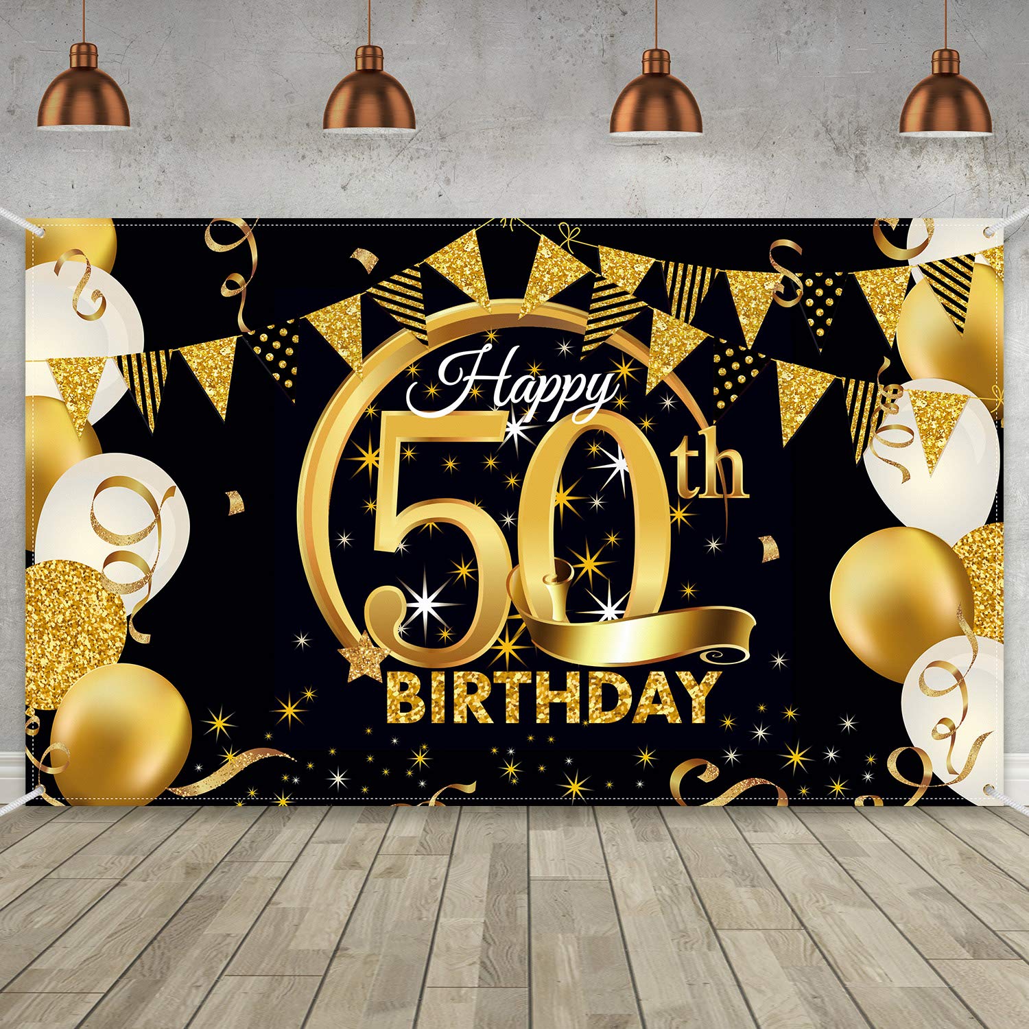 Birthday Party Decoration Extra Large Fabric Black Gold Sign Poster for Anniversary Photo Booth Backdrop Background Banner, Birthday Party Supplies, 72.8 x 43.3 Inch (50th)