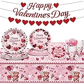 122 PCS Valentine‘s Day Party Supplies, Disposable Tableware Set Include Valentines Plates and Napkins, Cups, Forks, Banner and Tablecloth for Valentine's Day Party Decorations, Serve 24