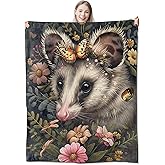 CUEBOS Cute Opossum Floral Flannel Throw Blanket 50x60 Inch, Adorable Animal with Butterfly and Wildflower Blankets Soft Cozy Fleece Throws for Possum Lover Bed Sofa Dorm Living Room Decor Gifts