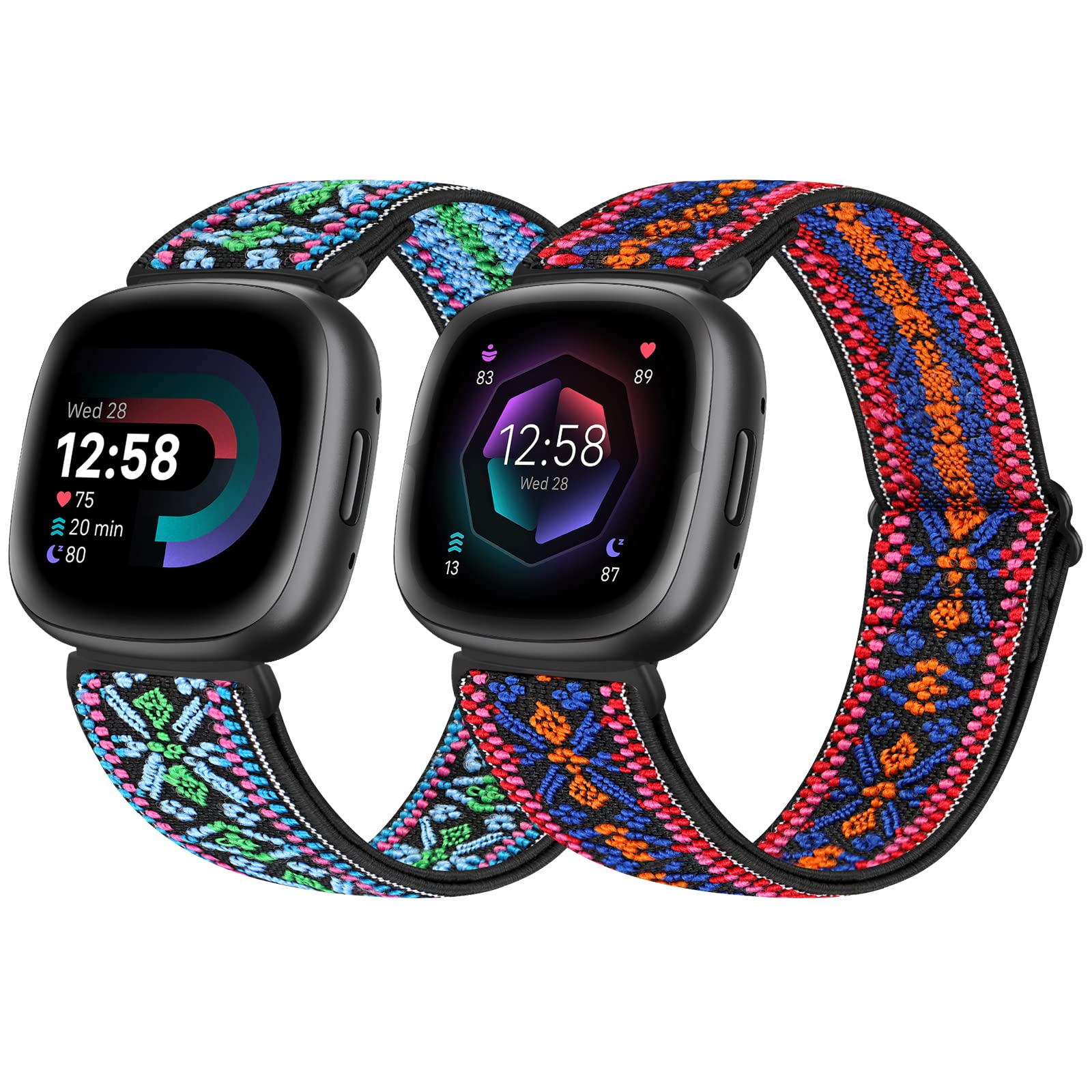 enkic 2 Pack Elastic Watch Strap Compatible with Fitbit Versa 4/3/Sense 2/3, Adjustable Nylon Loop Sport Strap Stretchy Replacement Wristband for Men Women