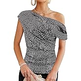 Monanoat Women's One Shoulder Glitter Sequins Shirts Top Sparkle Shimmer Going Out Tee