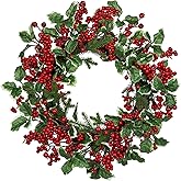 Christmas Wreath for Front Door, Real Touch Pine Artificial Wreath with Berry Clusters and Holly Leaves for Outdoor Christmas Decorations Winter Wreath, 18 Inches