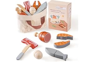 ROBOTIME Wooden Play Food Cutting Meat & Eggs Set, Pretend Play Toy Food for Play Kitchen with Shopping Bag – Kids Kitchen Ac