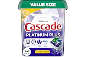 Cascade Platinum Plus Dishwasher Pods, Dishwasher Detergent, Dishwasher Soap, Dish Tabs, Dishwashing Tablets, Dish Detergent, Lemon, Actionpacs, 62 Count