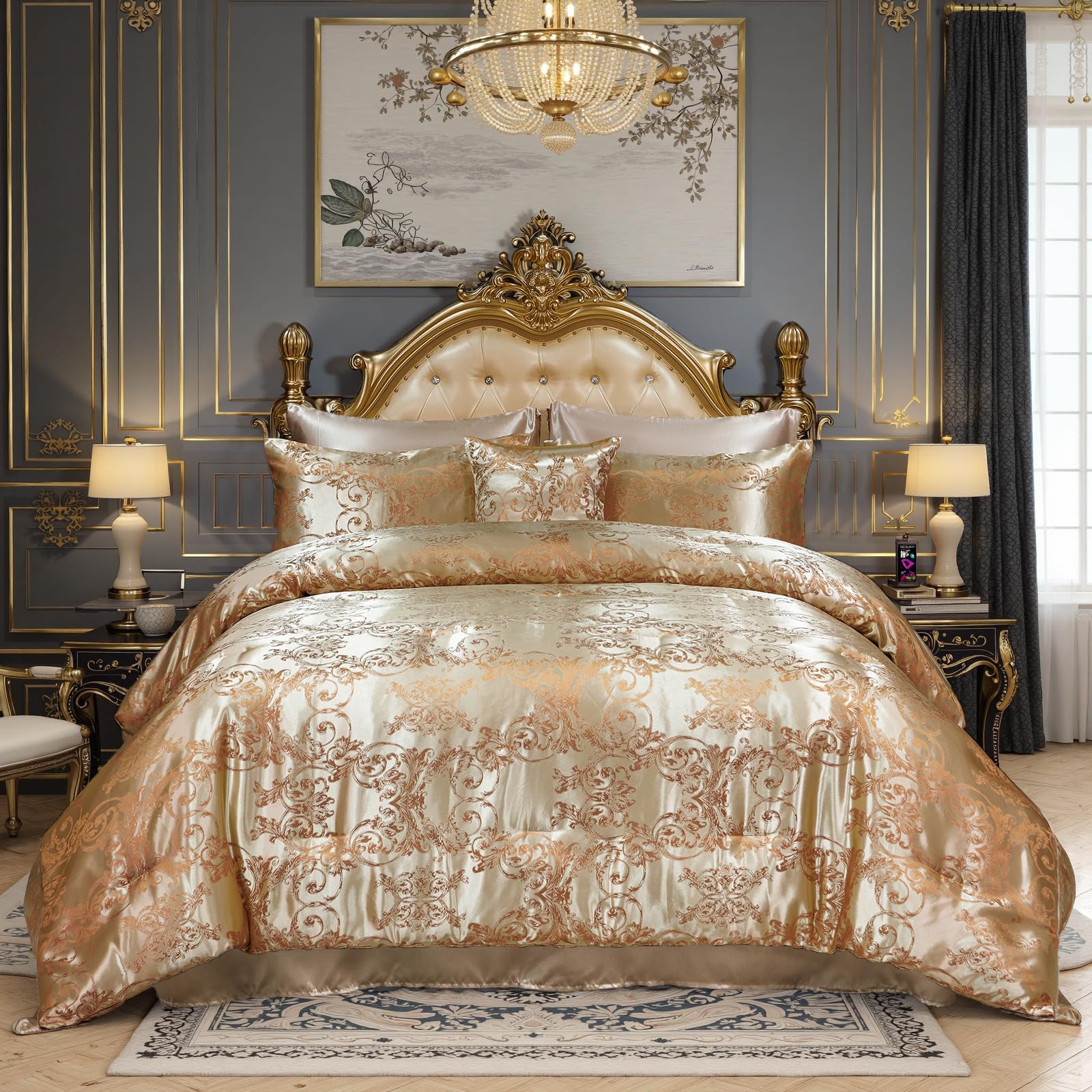 Photo 1 of Jacquard Comforter King Gold Bedding Taupe Satin Sheet Set 8 Pcs Embroidery Neoclassical Floral Home Decor Soft Luxury Hotel Silky Bed in a Bag with 1 Cushion Cover