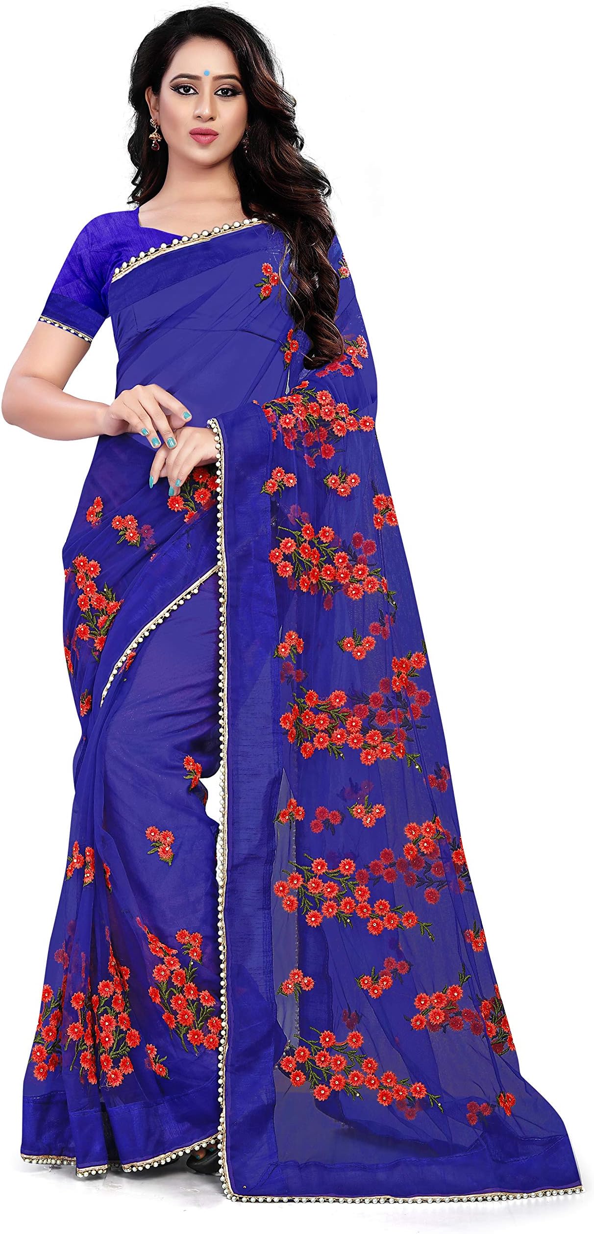 Orangesell Women's Mono Net Embroidery Work Saree With Unstitched Blouse Piece