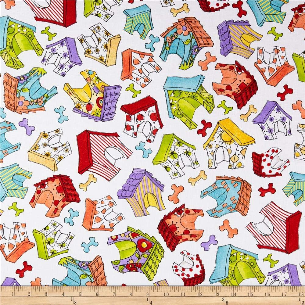 Loralie Designs Joy Dog Happy Houses Fabric, White, Fabric By The Yard