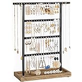 SONGMICS Jewelry Organizer, 4-Tier Earring Holder Organizer Stand with Base Tray, for Studs and Necklaces, Vintage, Wood Color and Black UJJS019B01