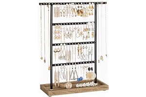 SONGMICS Jewelry Organizer, 4-Tier Earring Holder Organizer Stand with Base Tray, for Studs and Necklaces, Vintage, Christmas Gift, Wood Color and Black UJJS019B01