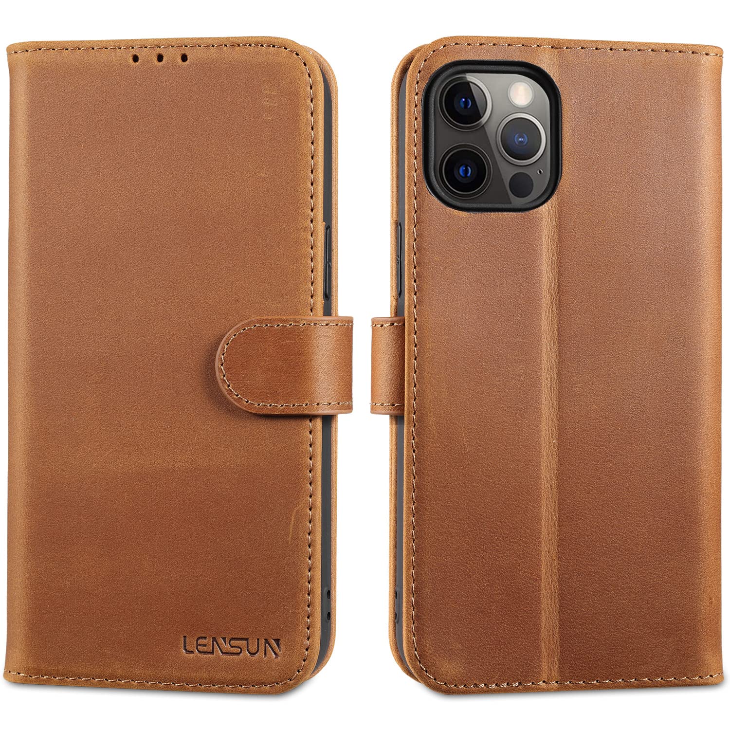 LENSUN Flip Case for iPhone 12 Pro Max, Genuine Leather Wallet Phone Cover [RFID Blocking] with Card Holder and Magnetic Closure for Apple iPhone 12 Pro Max - Vintage Brown