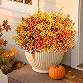 Artificial Mums Fall Flowers for Outdoors, 12 Bundles Fake Mums Faux Plants for Outdoor Planters Autumn Decorations,UV Resistant Silk Flowers for Front Porch Garden Patio Home Decor (SET1)