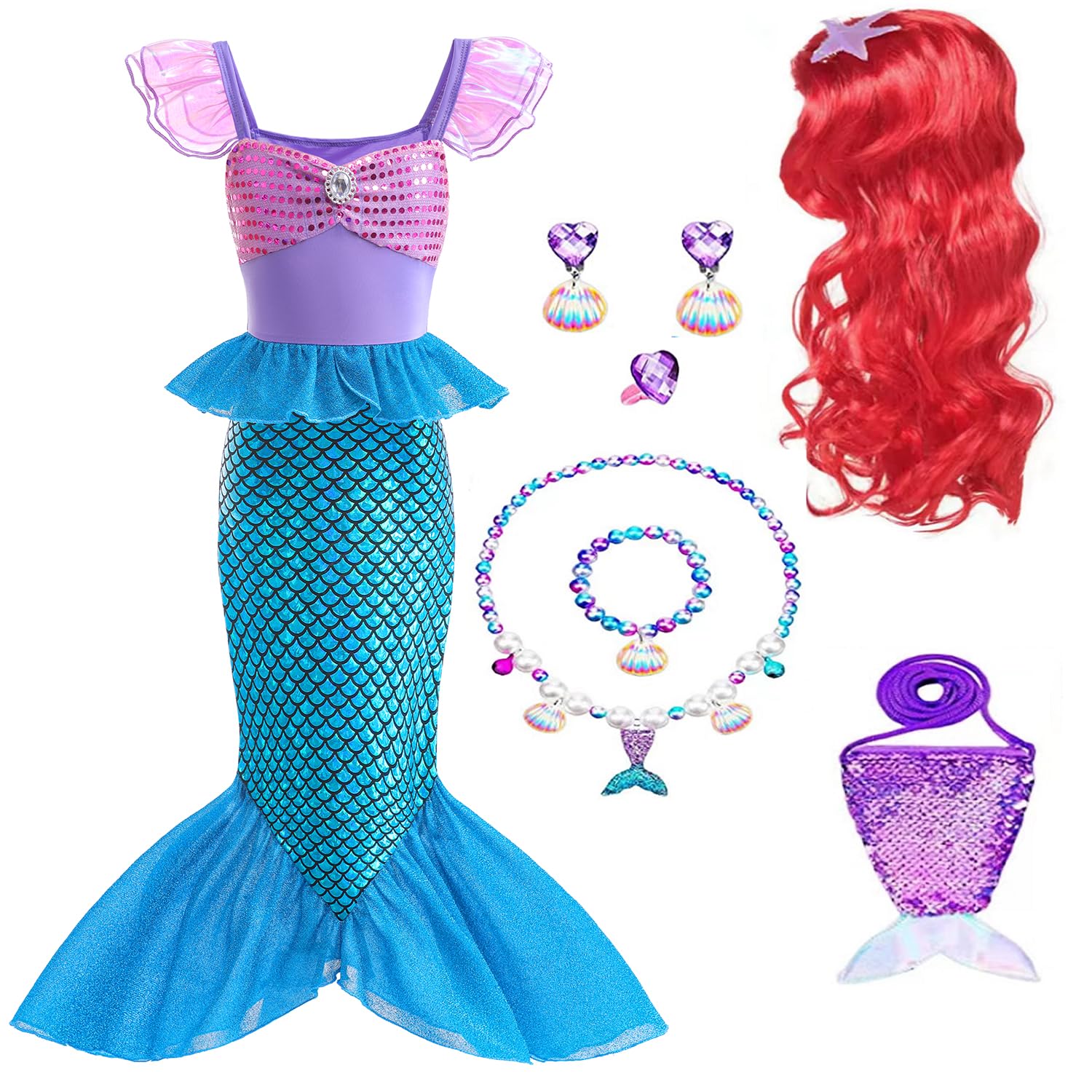 AODOKAT Little Girls Mermaid Costume Kids Princess Mermaid Ariel Costumes Set with Accessories For Fancy Dress Up Cosplay Party Outfits Halloween Carnival (Dress With Accessories, 130)