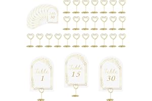 JOYIT 30 Sets Wedding Table Number 1-30 with 30 Pcs Heart Table Number Holders, White Gold Table Number Cards with Place Card Holders, 4" x 6" Table Numbers for Wedding Reception and Birthday