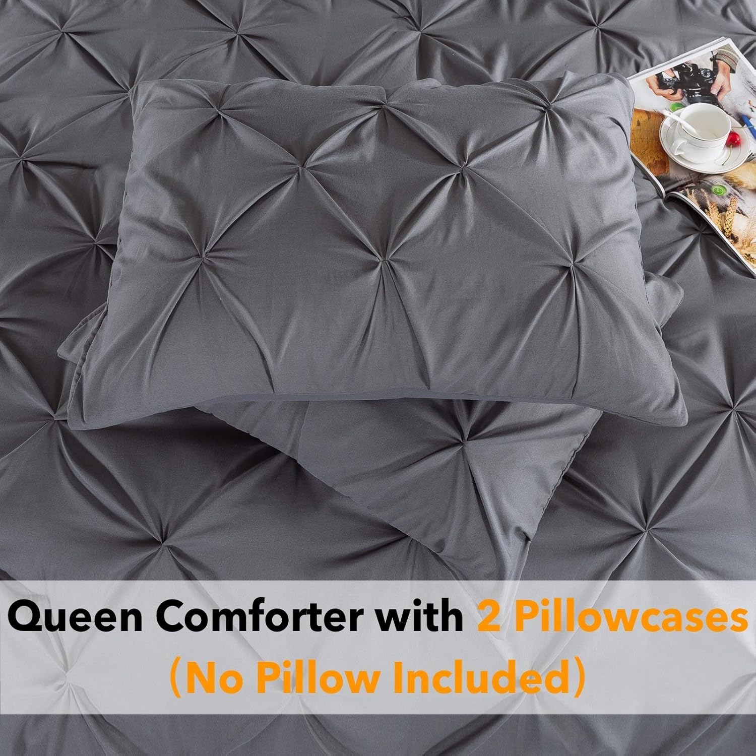 Andency Dark Gray Pinch Pleat Comforter Queen(90x90Inch), 3 Piece(1 Pintuck Comforter and 2 Pillowcases) Grey Pintuck Microfiber Down Alternative Comforter Bedding Set: Kitchen & Dining