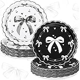 Havawish 50 Pcs Coquette Bow Party Dessert Plates 7 Inch Bow Birthday Party Decorations Bow Cherry Serving Plates Disposable Dinner Tableware for Bow Birthday Bridal Wedding Supplies, 2 Styles(Black)