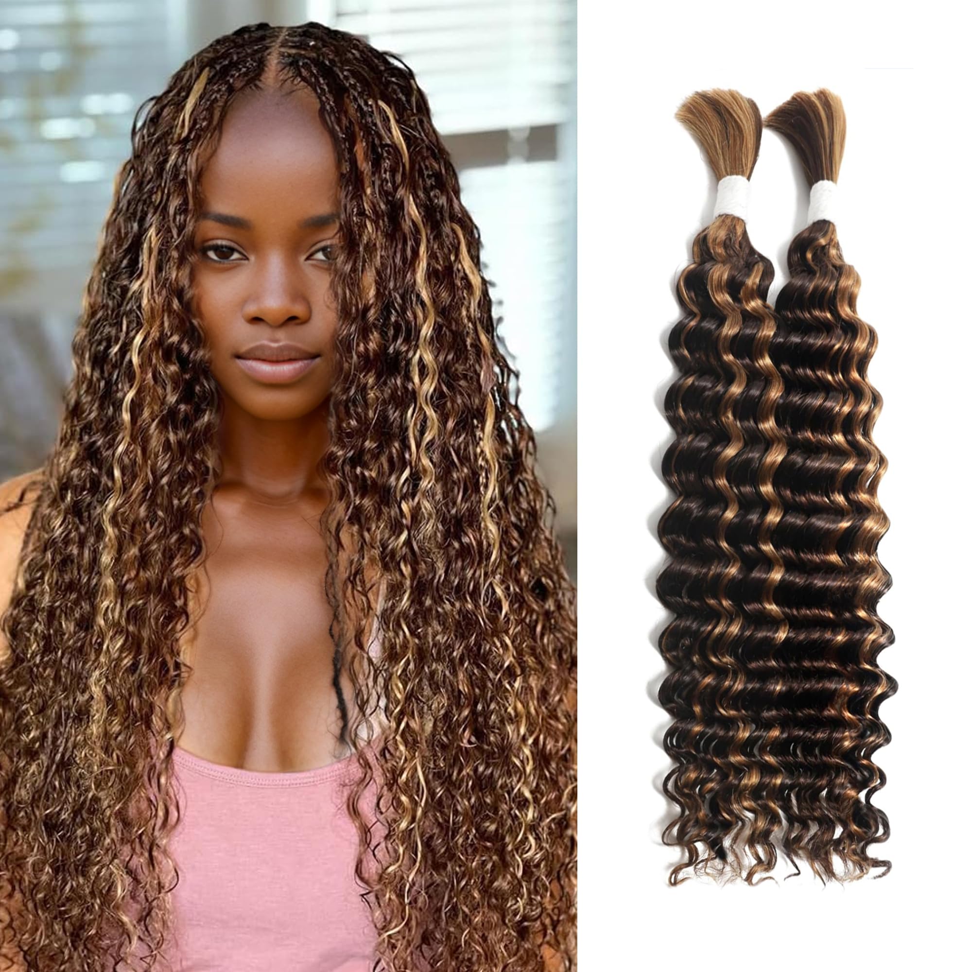 Deep Wave Brazilian Curly Human Hair - 2 Bundles No Weft Micro Braiding for Boho Style - Virgin Hair Extension (P4-30#, 100g, 22") — image 1
