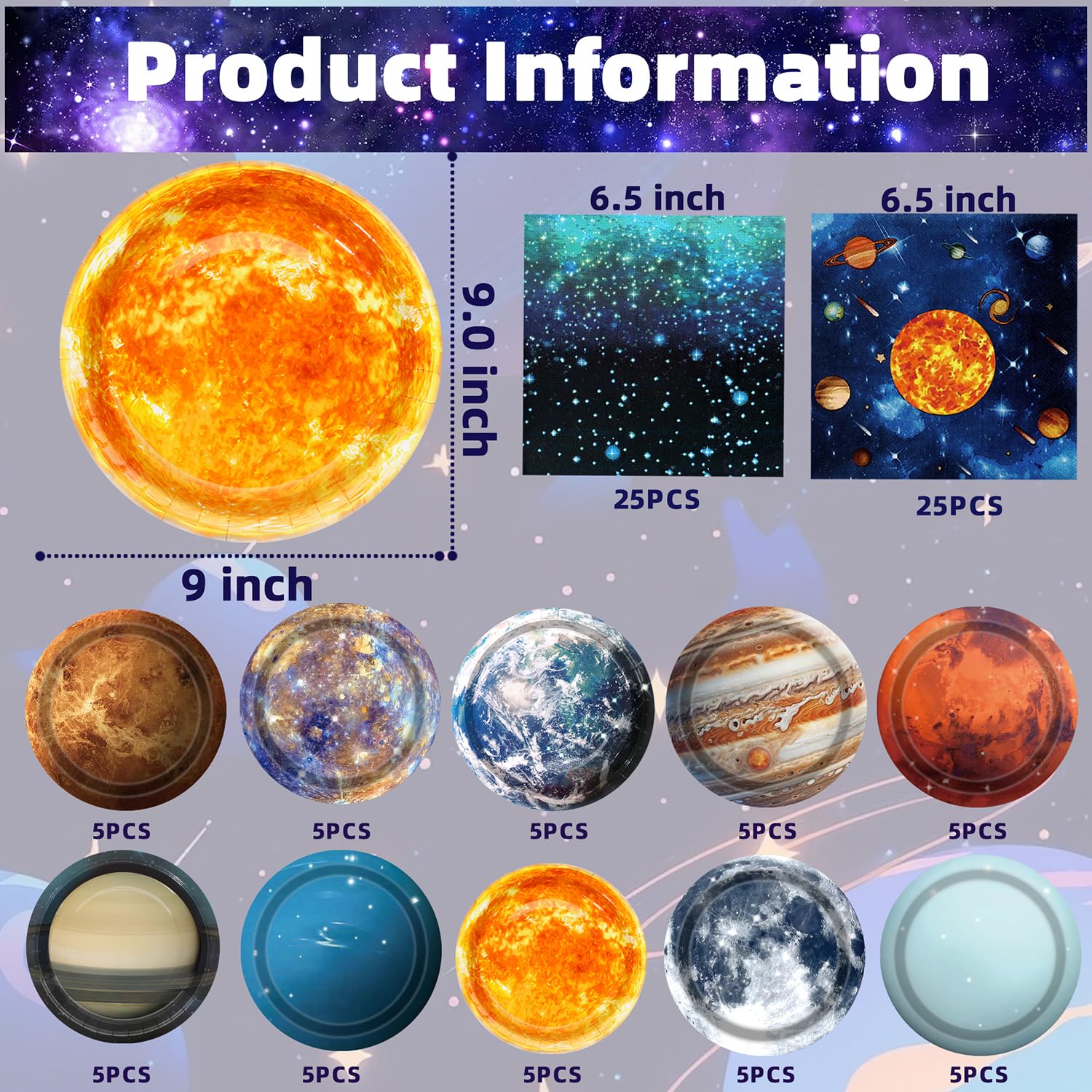 Space Theme Party Decorations 100Pcs Galaxy Planet Outer Space Disposable Plates and Napkins for Kids Space Solar System Planets Baby Shower Birthday Party Decorations, 9inch
