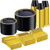 WELLIFE 600 PCS Black and Gold Disposable Dinnerware Set for 100 Guests, Gold rimmed Plastic Dinner Plates,Salad Plates,Cups,Silverware Set for New Year Party Supplies