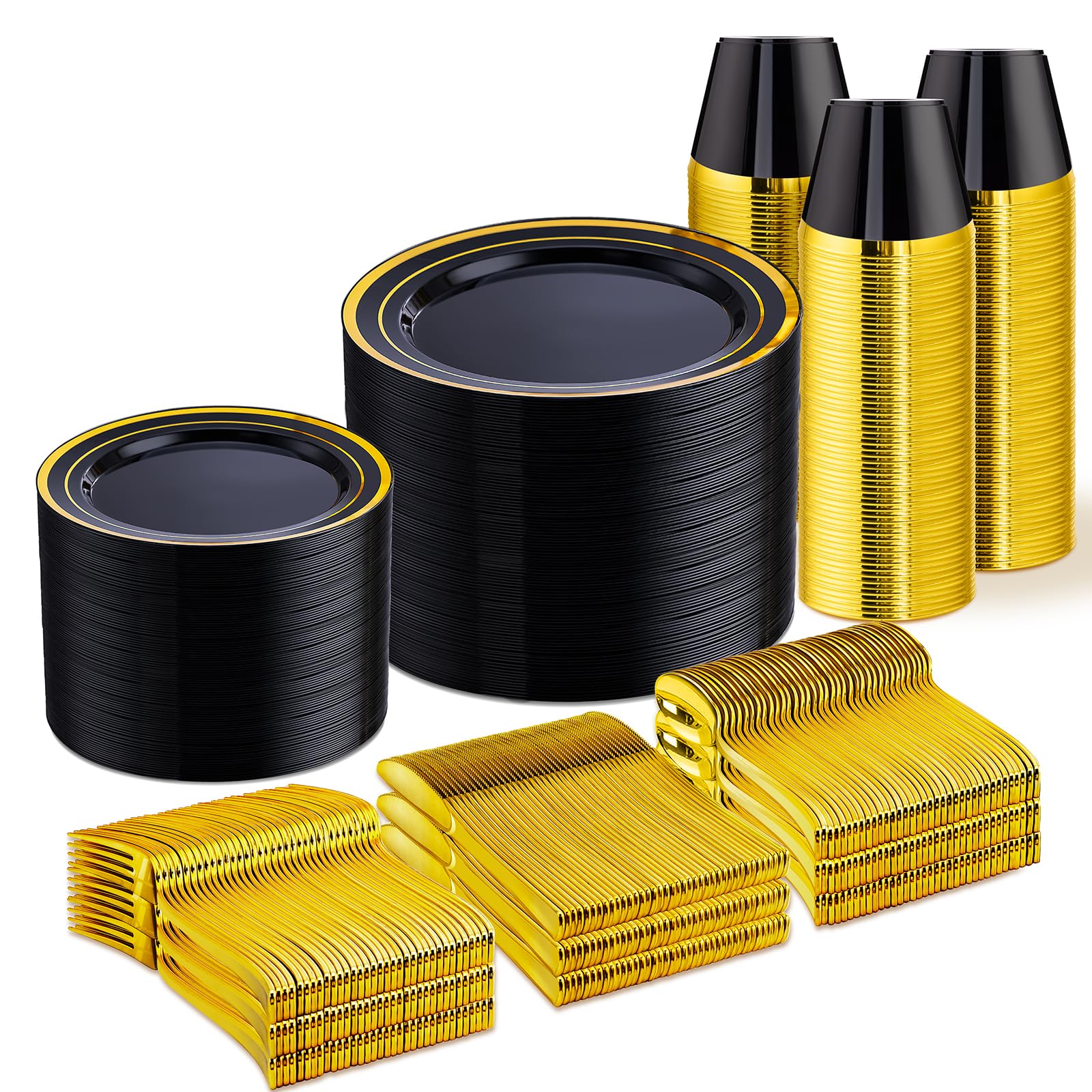 Photo 1 of WELLIFE 600 PCS Black and Gold Disposable Dinnerware Set for 100 Guests, Gold rimmed Plastic Dinner Plates,Salad Plates,Cups,Silverware Set for Party Supplies and Halloween Party
