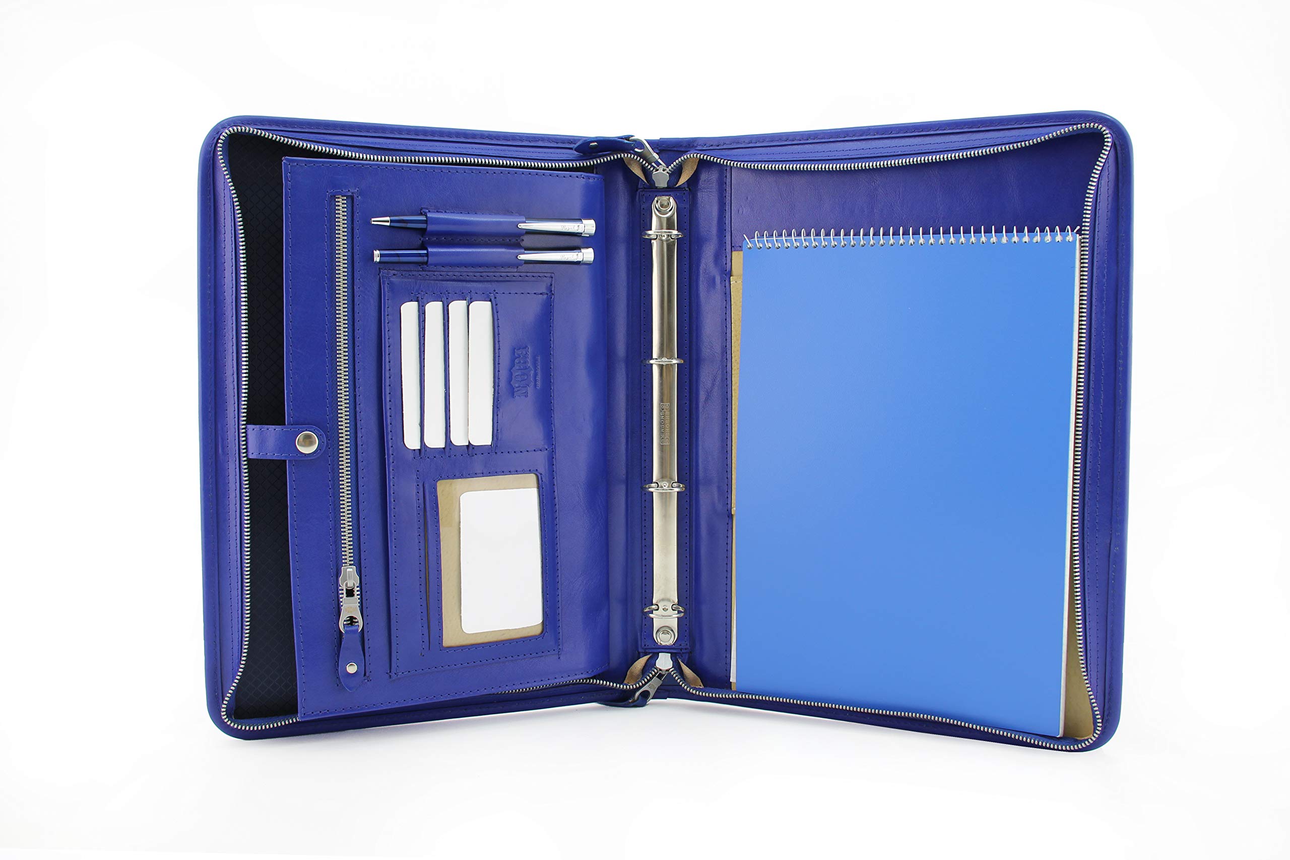 Leather Organizer Document Folder a4 Leather Portfolio Holder, Tablet Case, Leather Folder, 4 Ring Binder (Blue)